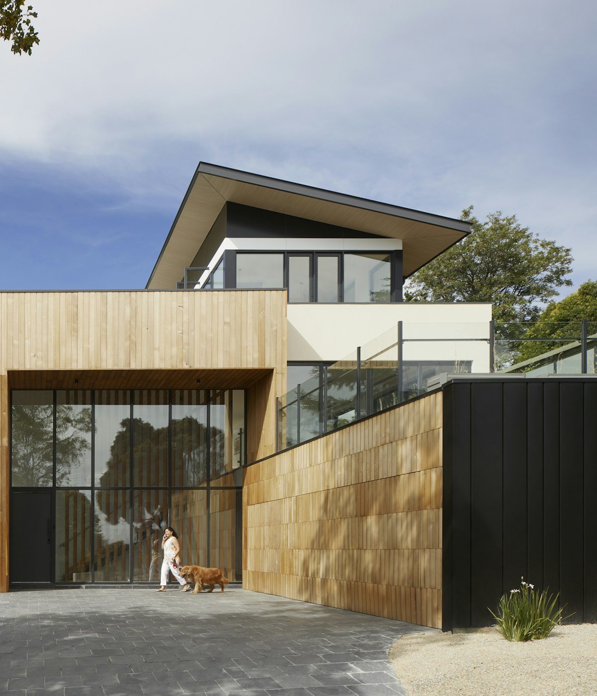 Modern home exterior with warm natural materials