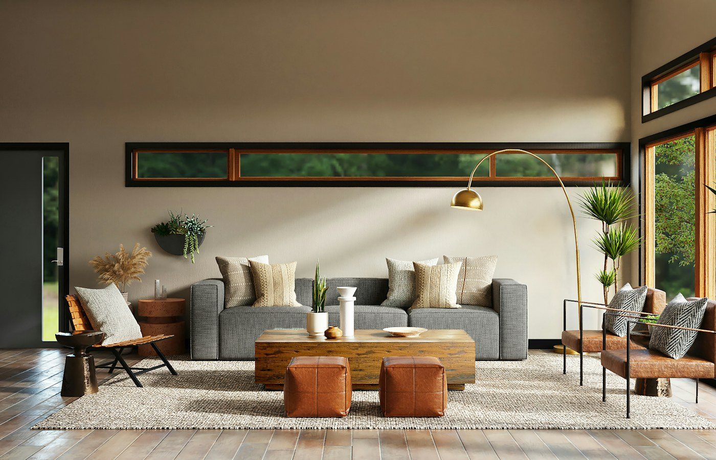 Bright design-led living space with warm natural finishes