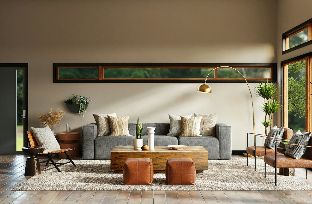 Sunlit contemporary living room with layered seating and greenery