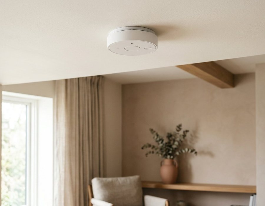 Modern smoke detector installed on a neutral ceiling