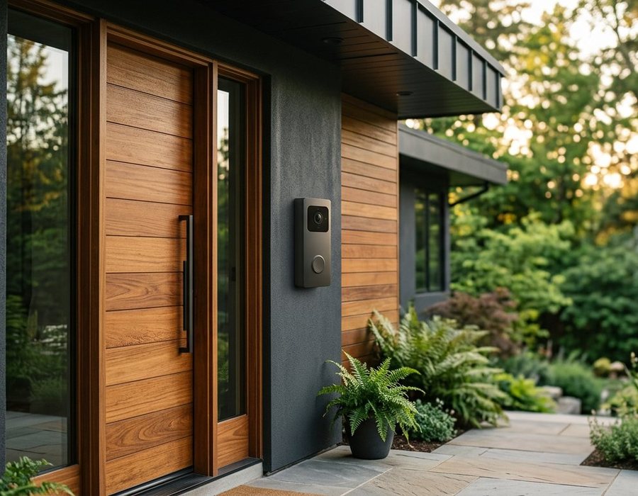 Modern video doorbell beside a wooden front door
